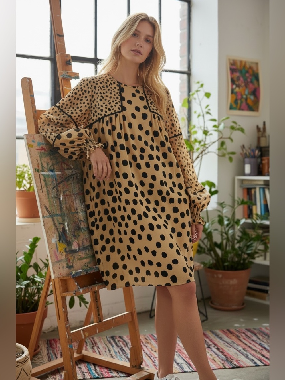 Boho Bohemian, Artsy, Polka Dot Tunic Dress Shift Mini, Anthropologie Size S